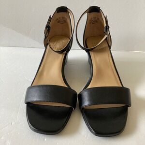 Naturalizer Zenia Black Leather Wedge Sandals Womens 9.5W Wide Ankle Strap Heel